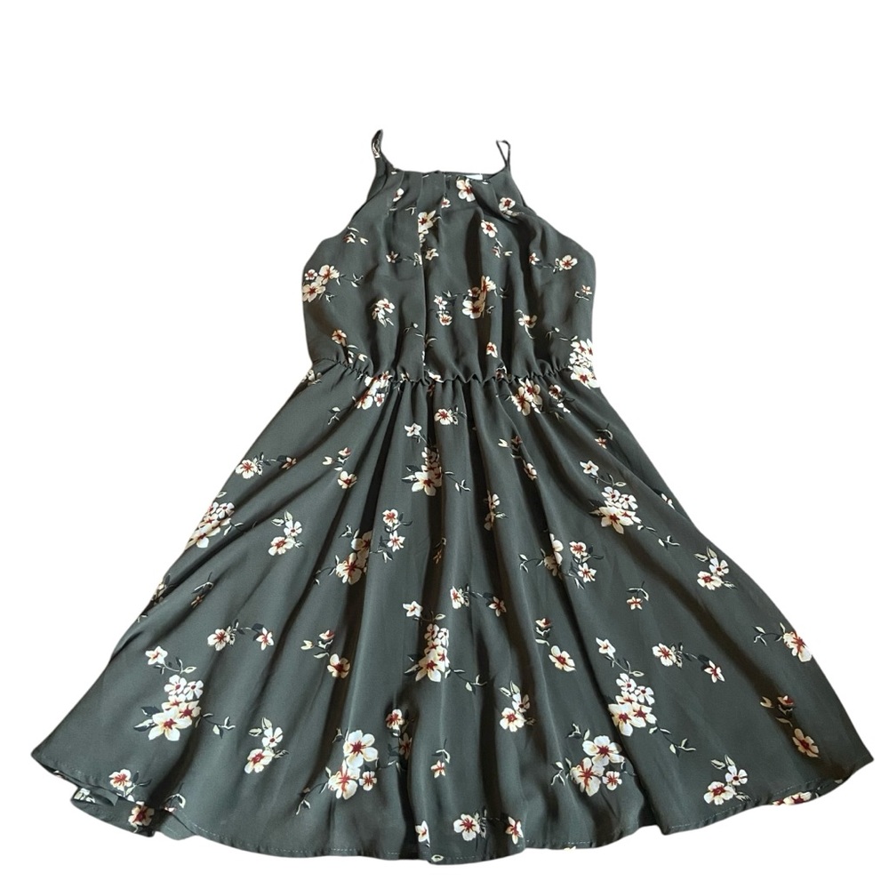 Blue Rain Women’s Sz Medium Green/Floral Elastic Waist Pleated Strap Dress Midi